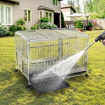 48-Inch Upgraded Heavy Duty Dog Crate, Double Door Design with Wheels & Removable Tray,Reinforced for Large Dogs,Ideal for High Anxiety Dogs