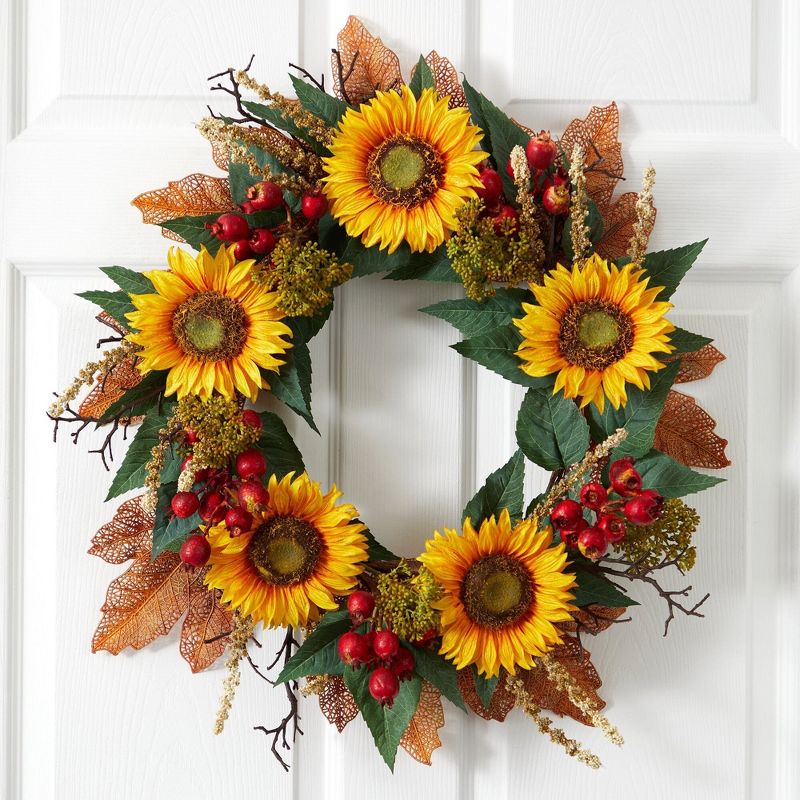 Nearly Natural 27” Sunflower Berry Artificial Wreath, 2 of 3