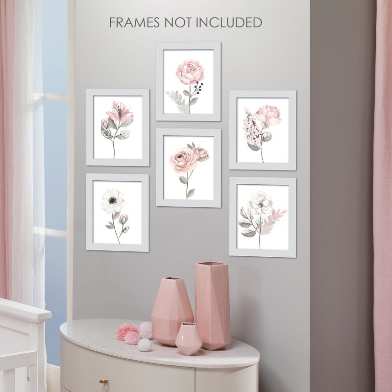 Lambs & Ivy Watercolor Floral Unframed Nursery Child Wall Art 6pc - Pink/Gray, 4 of 8