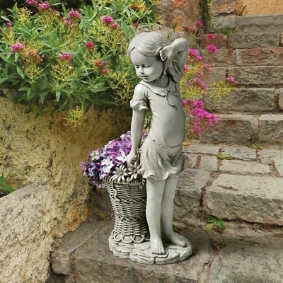 Off-White Resin Flower Girl Garden Statue with Wicker Planter