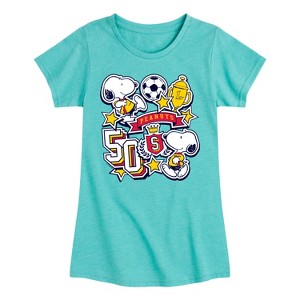 Girls' - Peanuts - Snoopy Soccer Stickers Fitted Short Sleeve Graphic T-Shirt - 1 of 4