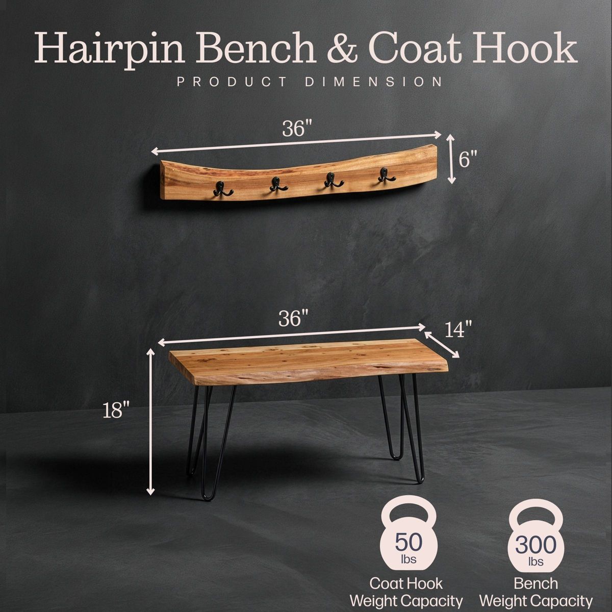 36" Hairpin Live Edge Wood Bench with Coat Hook Set Natural - Alaterre Furniture - thumbnail 8