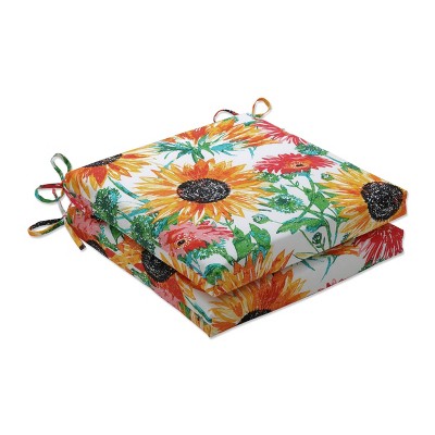 2pk Outdoor/Indoor Squared Corners Seat Cushion Set Sunflowers Sunburst Yellow - Pillow Perfect