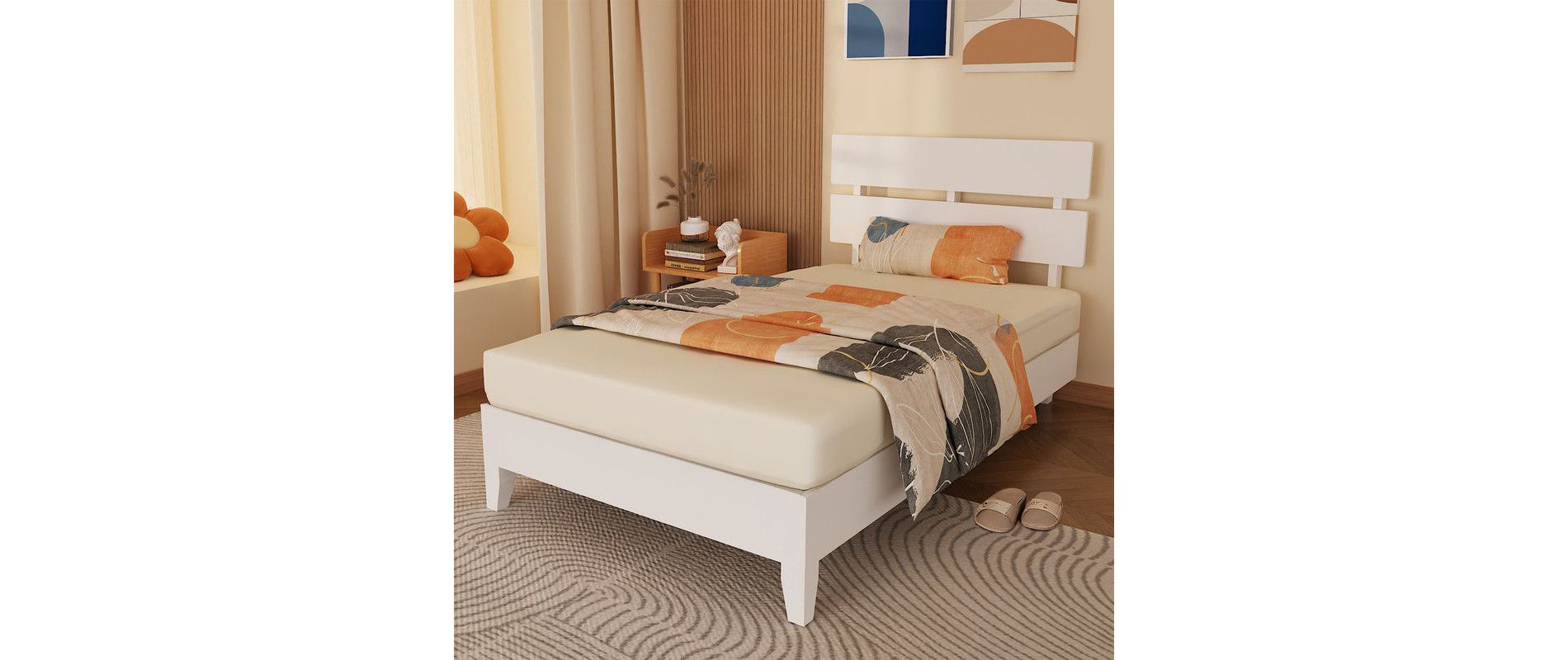 Karl Home Solid Wood Platform Bed Frame , Twin Bed Frame with Headboard Included, Mid Century Modern Bed, White