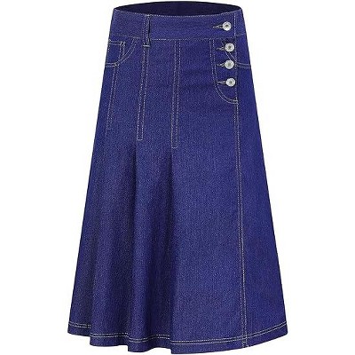 Girls A-Line Denim Midi Skirt Casual Pleated Buttons Over-Knee Skirts with Pocket 3-12Y