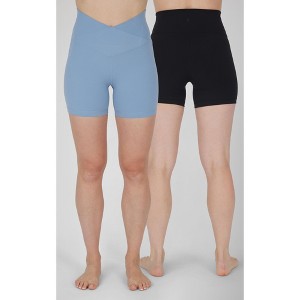 Yogalicious Womens 2 Pack Lux Crossover Front V-Back Elastic Free High Waist 5" Bike Short and Lux Everyday Elastic Free High Waist 5" Bike Short - 1 of 4