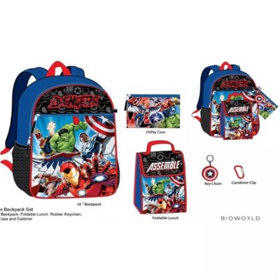 Marvel Avengers Kids School Backpack 16" 5PC Lunch Kit, Keychain, Metal Carabiner, keychain, and utility case