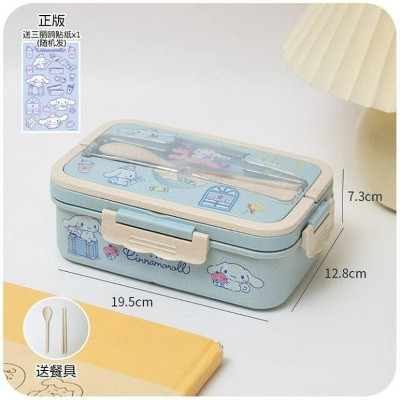 Divided Bento Box with Transparent Lid and Utensils, Cartoon Pattern, Light Blue7.8x5.12x2.92 in
