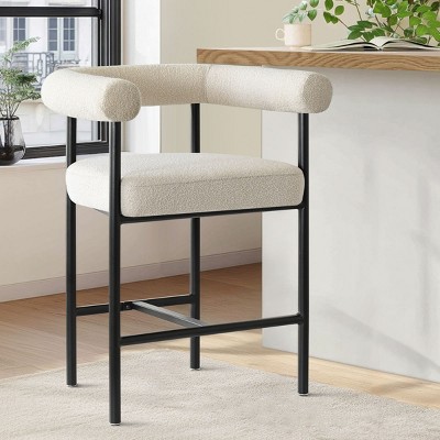Modern Boucle Counter Height Stools with Cruved Backs and Arm Beige Bar Stools for Kitchen, Island, and Living Room—Tanpinhause