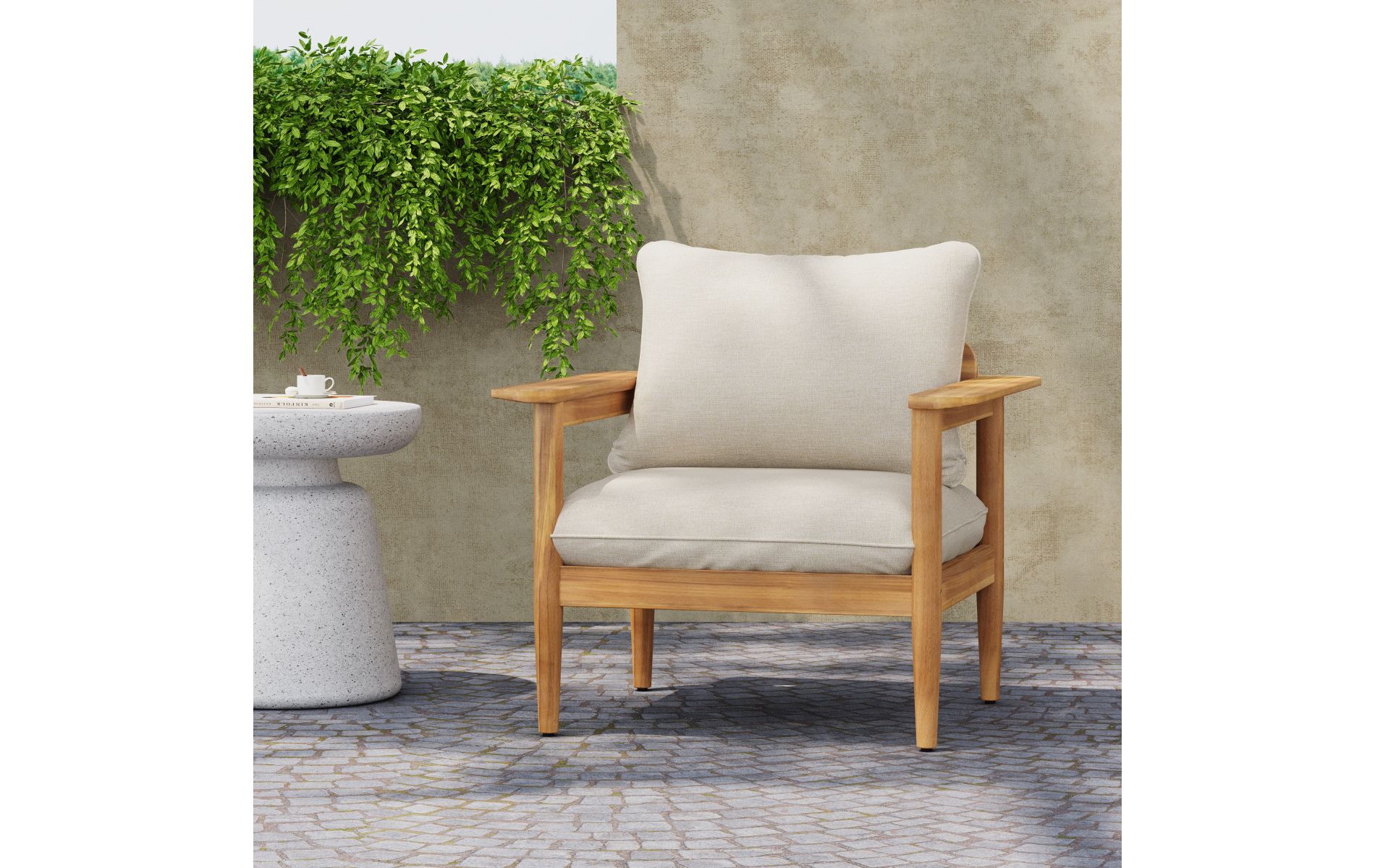 Acacia Wood Outdoor Lounge Chair with Beige Cushions, Modern Wide Armrest Patio Chair for Garden-3irtyhousy