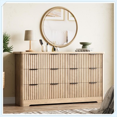 Modern 6-Drawer Fluted Dresser with Wood Top, Minimalist Storage Cabinet & TV Stand, Sturdy Dresser for Bedroom & Living Room, Natural Oak