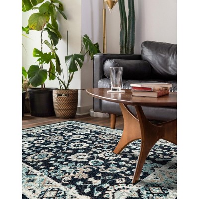 Navy Blue Floral Synthetic Rectangular Area Rug
