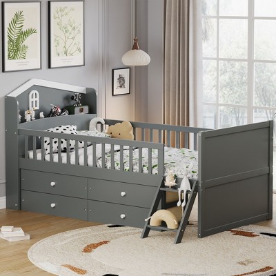 JUJABU Wooden Twin Platform Bed Frame with 4 Storage Drawers, Guardrail Headboard & Ladder for Kids