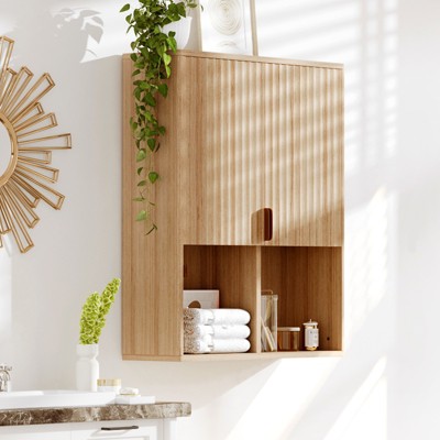 Bathroom Wall Cabinet,Natural Finish Bathroom Organizer，Over Toilet Storage Cabinet with Adjustable Shelf,  Wooden Medicine Cabinet with Hinges