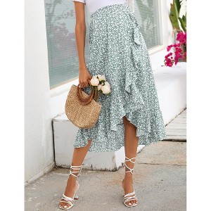 Women Pleated Elastic High Waist Maternity Midi Skirt Casual Summer Ruffle Boho Wrap Split Skirt - 1 of 4