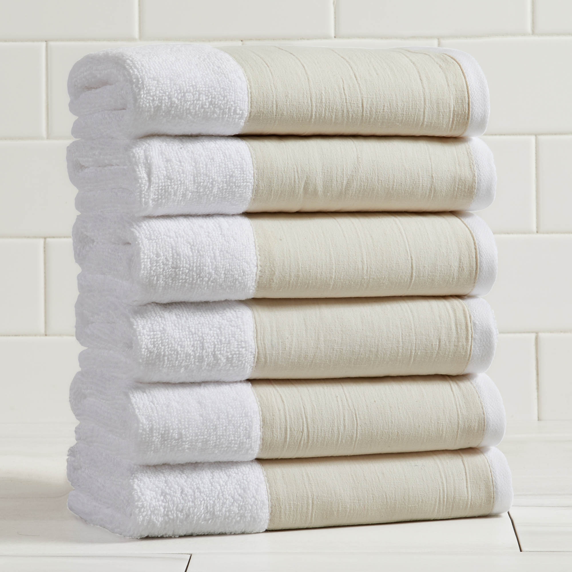 Ultra-Soft Cotton and Modern Linen-Like Border Bath Towels - Great Bay Home (6pk Hand Towels, White)