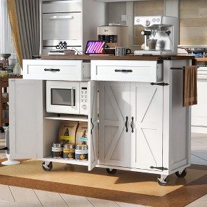 Whisen Farmhouse Style Kitchen Cart Island with Drop-Leaf, Power Outlet, Spice Rack and Drawer - 1 of 4