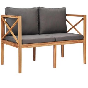 4"Patio Bench with Dark Gray Cushions Solid Teak Wood - 1 of 4