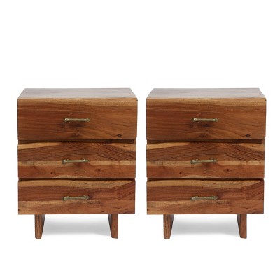 Christopher Knight Home Set of 2 Terrell Handcrafted Boho Acacia Wood 3 Drawer Nightstands Dark Natural: Artisan Craftsmanship