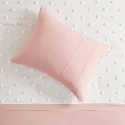 Pink and White Twin Microfiber Comforter Set with Jacquard Pompoms