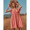 Women's Ruffle Babydoll Dress Short Sleeve V Neck High Waist Botton Casual Loose Flowy Swing Pleated Tunic Dress - 3 of 4