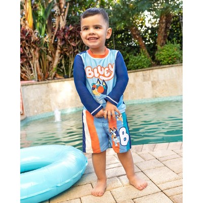 Bluey Little Boys Raglan Rash Guard and Swim Trunks UPF 50+ Outfit Set Sky Blue / Navy / Orange 5-6 — фото 2