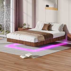 Floating Platform Bed Frame with LED Lights, Wave Wood Texture Bed with Sturdy Metal Slats, No Box Spring Needed-3irtyhousy - 1 of 4