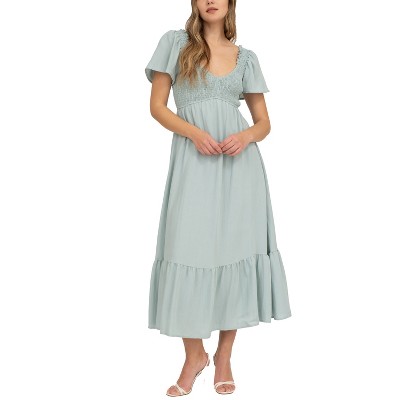 Sage Green Empire Waist Midi Dress with Flutter Sleeves