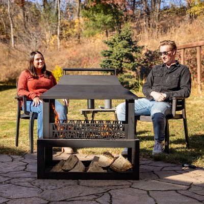 Bronze Steel Outdoor Fireplace with Log Storage and Pavilion Roof