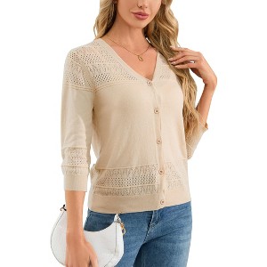 Coolmee Women's Cropped Cardigan 3/4 Sleeve Lightweight Crochet Shrug Hollowed Out Knit Sweater Tops - 1 of 4