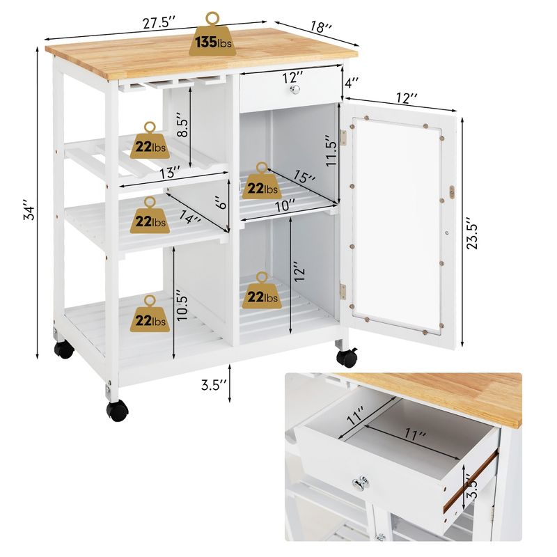 Costway Rolling Kitchen Island Wood Top Trolley Cart Storage Cabinet w/Shelf & Wine Rack, 4 of 11