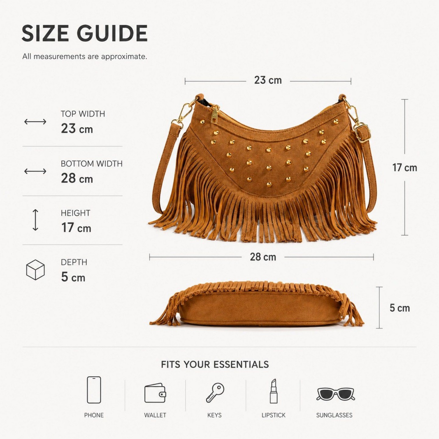 Женская сумка Alilang Studded Fringe Crossbody Bag Suede Look Crescent Shoulder Purse with Adjustable Strap - Brown, цвет: Коричневый — фото 2