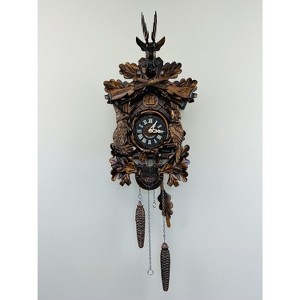 Hunter’s Cuckoo Clock 16 Inch with Hand-Carved Oak Leaves, Bunny, Bird and Buck by River City Clocks - 1 of 4