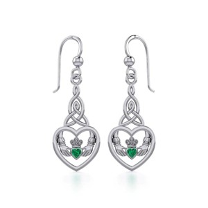 Slickblue Women's Claddagh Heart Dangle Earrings, Sterling Silver with Emerald Glass, Celtic Knot Design, 1.7 Inch - 1 of 4