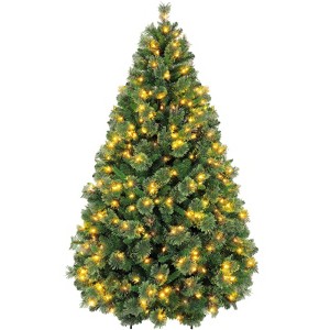 Vivatrees 7.5 Ft Prelit Artificial Christmas Tree, with Warm White Lights, Metal Stand, Hinged Branches, Realistic Xmas Tree for Holiday Decor, Green - 1 of 4