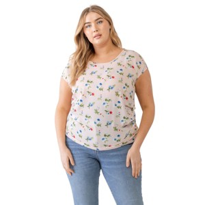 Slickblue Elegant Ivory/Pink Floral Print Ruched Top – Plus Size, Cup Sleeves, Casual & Charming, 1X-3X - 1 of 4