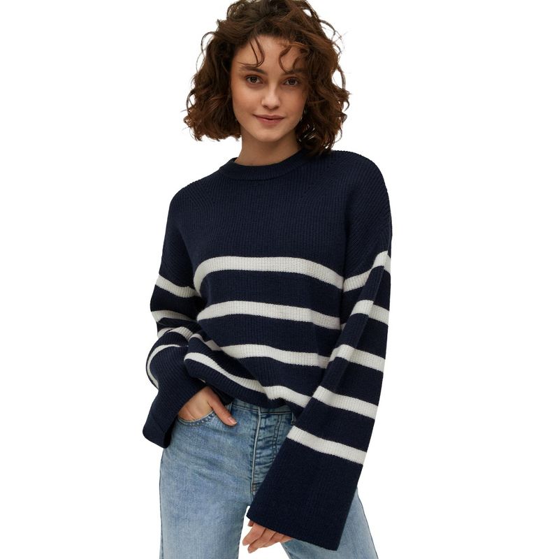 ellos Women's Plus Size Striped Wide Sleeve Pullover, 1 of 2