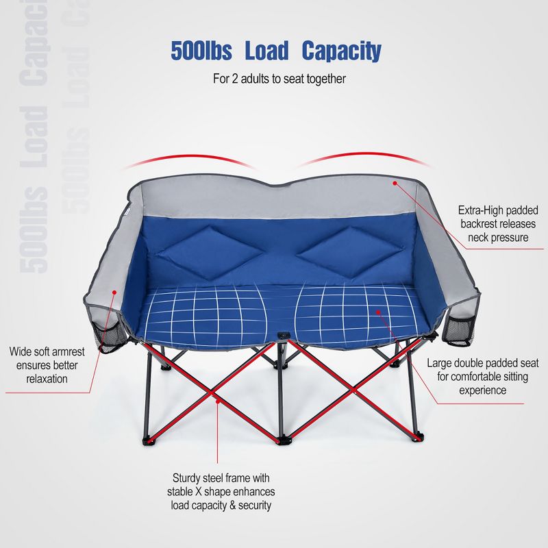 Costway Folding Camping Chair Loveseat Double Seat w/ Bags & Padded Backrest Gray\Blue, 4 of 11