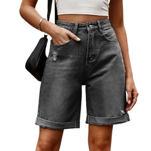 Women's Summer Long Jeans Shorts High Rise Loose-Fit Wide Leg Denim Shorts Stretchy Dad Y2K Shorts with Pockets - 1 of 4