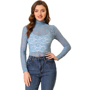 Allegra K Women's See-Through Long Sleeve Turtleneck Sheer Floral Lace Blouse - 1 of 4