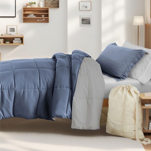 Becky Cameron 8PC Bedding Bundle, Reversible Comforter, Solid Sheet Set, Pillows & Laundry Bag - Becky Cameron, Stone / Light Gray, Twin Extra Long