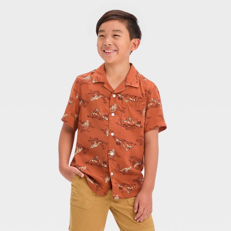 Boys' Short Sleeve Woven Dinosaur Printed Button-Down Shirt - Cat & Jack™ Orange, 1 of 7