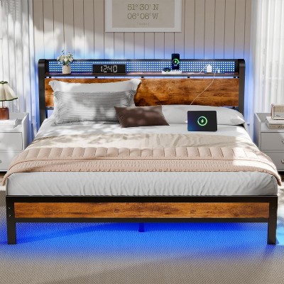 Furnulem Queen Bed Frame with charging station and LED light headboard with storage and USB port  made of vintage wood and sturdy metal