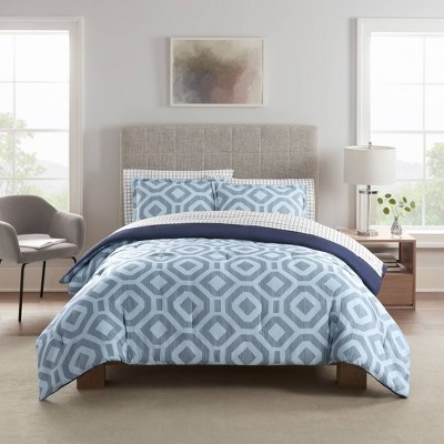 7pc Queen Skyler Textured Geometric Antimicrobial Bedding Set Blue ...