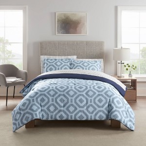 7pc Full Skyler Textured Geometric Antimicrobial Bedding Set Blue - Serta: Includes Sheets & Shams - 1 of 4