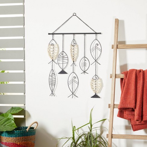 Metal Fish Indoor Outdoor Wire Wall Decor With Rattan Accent Black - Olivia  & May : Target