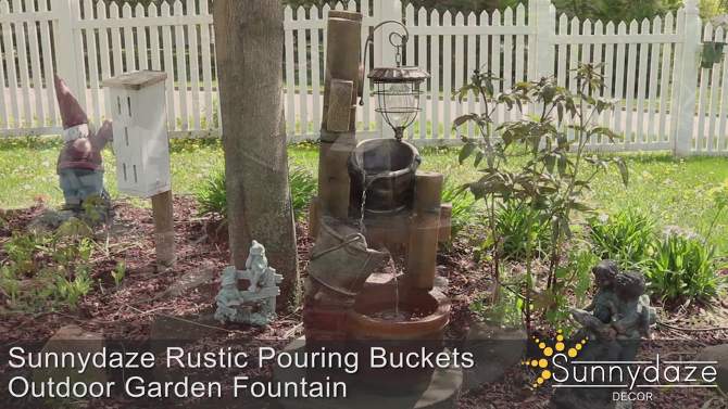 Sunnydaze 34"H Electric Polyresin Rustic Pouring Buckets Outdoor Water Fountain with Solar Lantern, 2 of 10, play video
