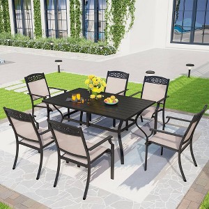 7pc Outdoor Dining Set with Sling Chairs & Metal Rectangle Table with Umbrella Hole - Captiva Designs - 1 of 4