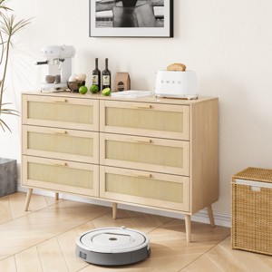 47.2" Rattan 6 Drawer Dresser, Modern Boho Chest with Wood Handles, Storage Cabinet for Bedroom Living Room Hallway-3irtyhousy - 1 of 4