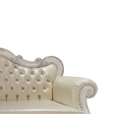 Dresden White Faux Leather Tufted Camelback Sofa with Nailhead Trim